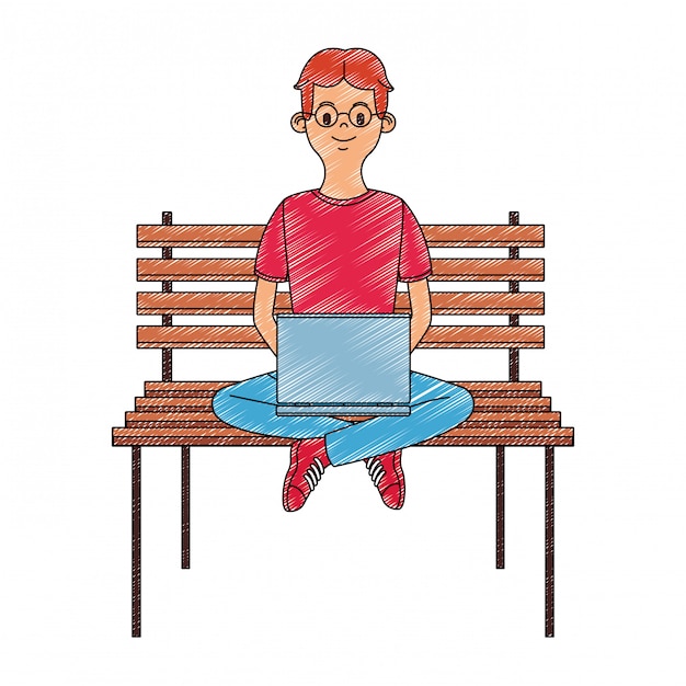 Young man seated on chair using laptop scribble