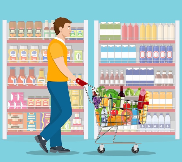 Vector young man shopping for groceries