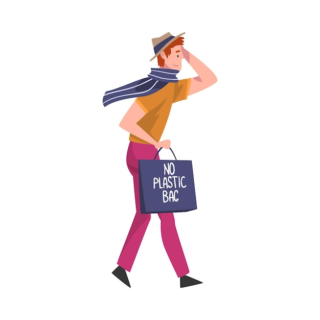 Young Man Shopping with Paper Bag No Plastic Bag Male Eco Friendly Character Zero Waste Protection of Environment Concept Vector Illustration