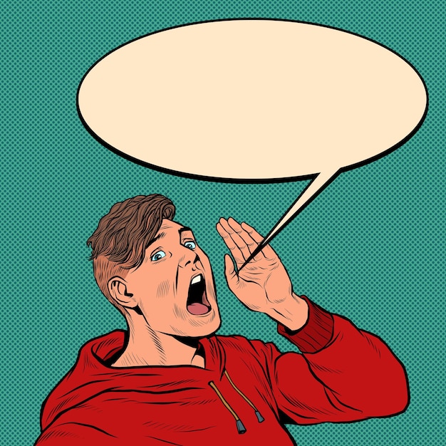 A young man shouts an announcement of pop art advertising template poster style