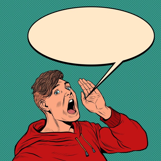 Vector a young man shouts an announcement of pop art advertising template poster style