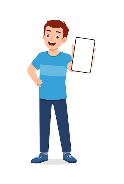 Vector young man show phone screen with confident gesture