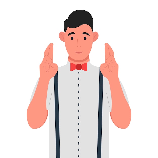 Young man showing hopeful gesture sign with fingers crossed vector illustration