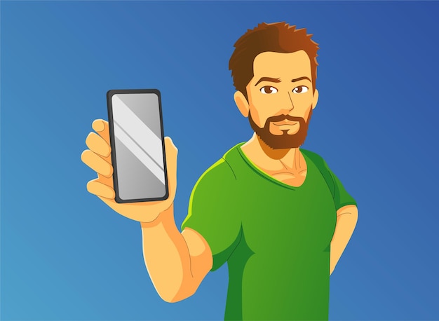 Young man showing smartphone with blue background