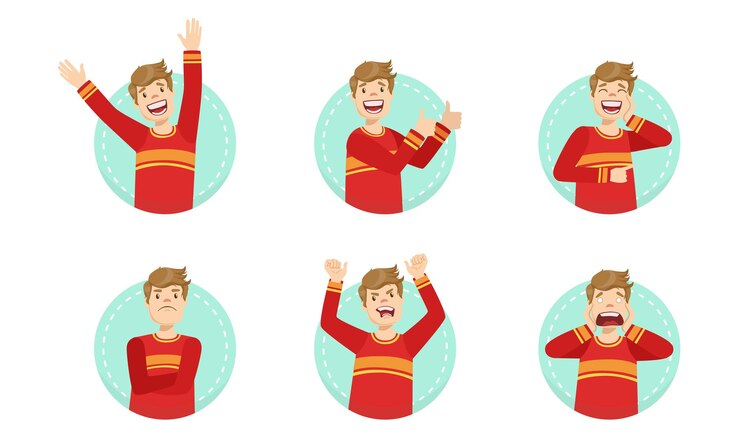 Vector young man showing various gestures and facial emotions set vector illustration