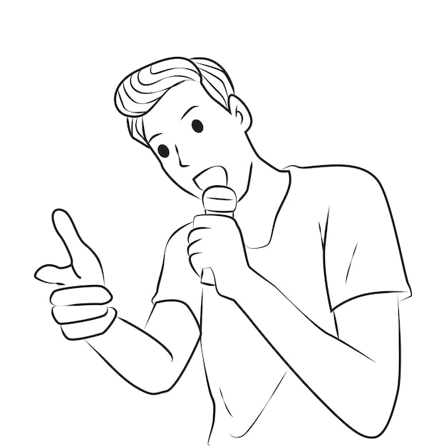 Young man sing a song for you pose Outline Vector Cartoon Illustration