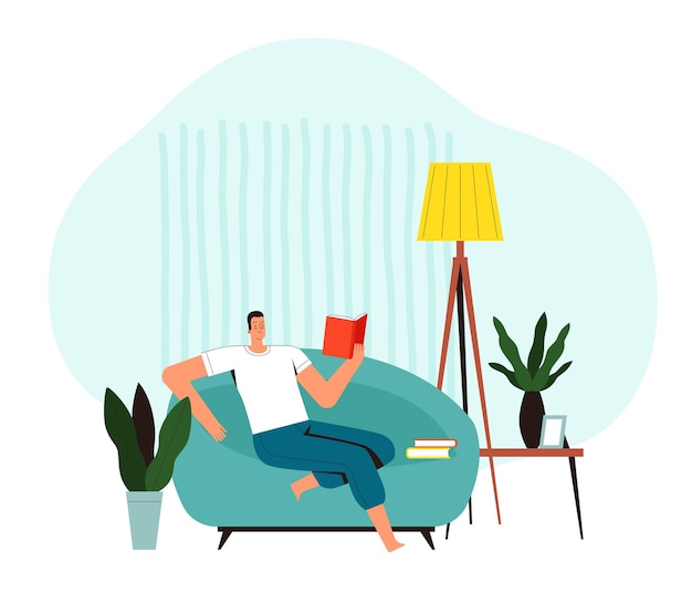 Vector young man sits on an armchair and reads a book.