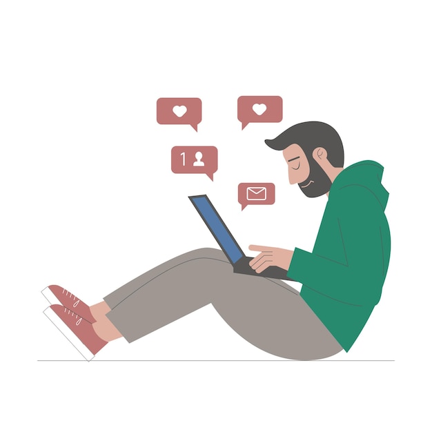 A young man sits on the floor and looks at a laptop Man browses social networks Popularity on the internet new followers messages Vector stock illustration in flat style on white background