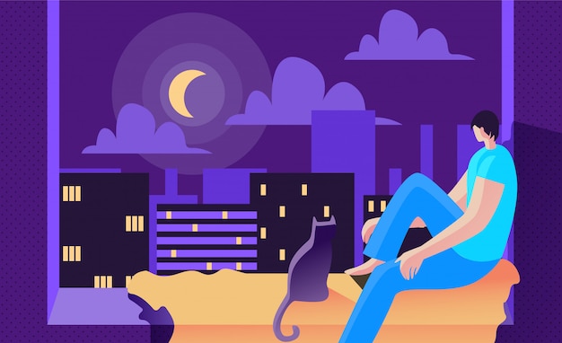 Vector young man sits at night on window and looks moon.