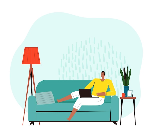 Vector young man sits on a sofa and works or plays on a laptop.