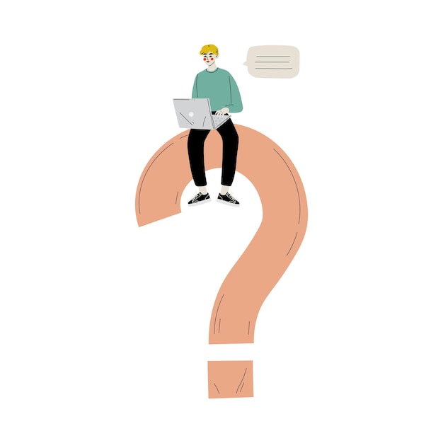 Young Man Sitting on a Big Question Mark with Laptop Person Chatting Making a Choice or Seeking Solution to a Problem Vector Illustration