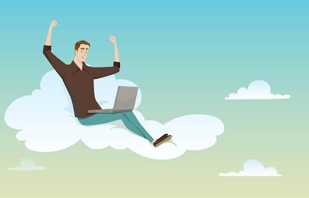 Young man sitting on the cloud looking his computer