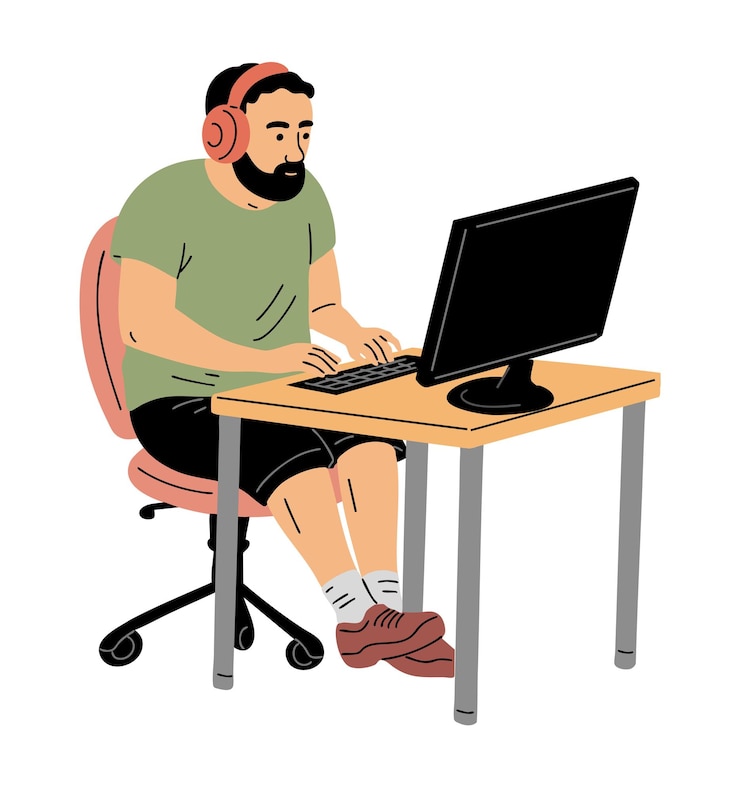 Vector young man sitting at the computer