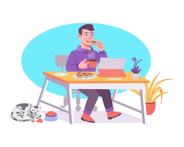 Молодой человек сидит за столом, учится и работает, наслаждаясь чашкой кофе и печеньем