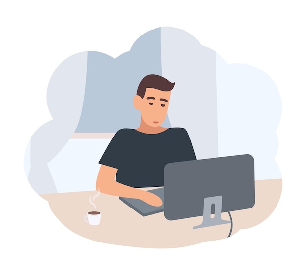 Young man sitting at desk and surfing internet on computer. Male character spending time at home in evening. Scene from daily life of ordinary person. Vector illustration in flat cartoon style.