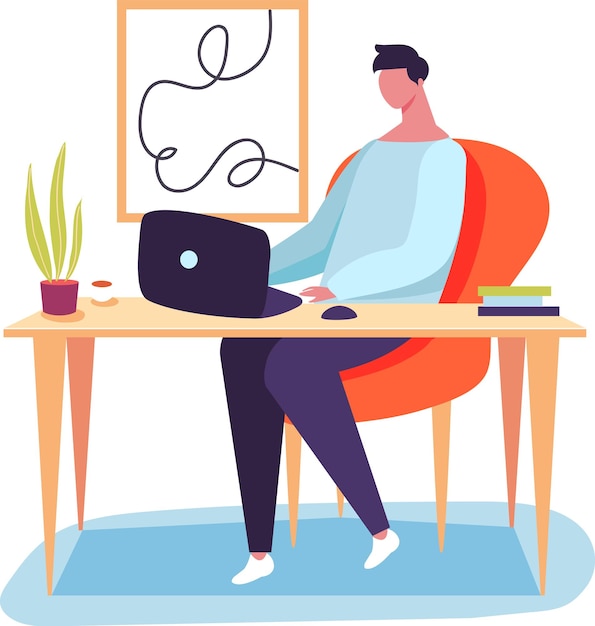 young man sitting at desk using laptop working remotely from home office enjoying comfortable and productive workspace with cup of coffee and books