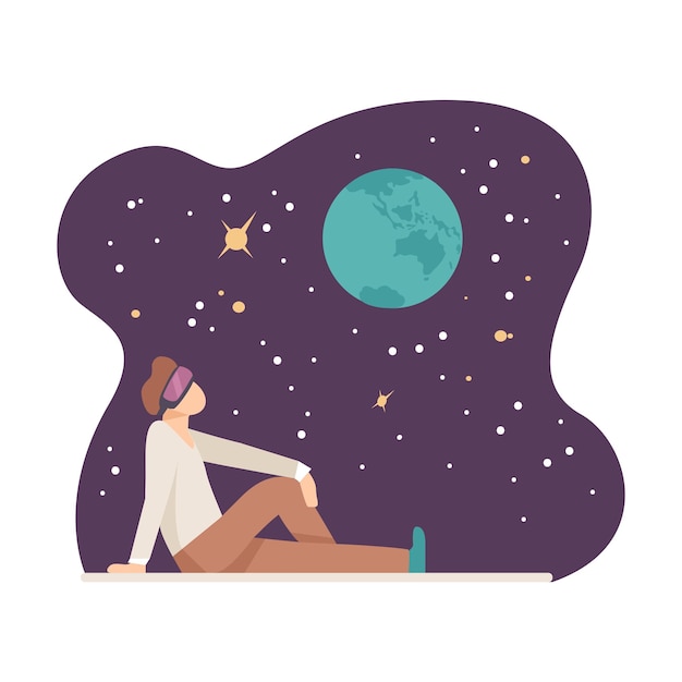 Vector young man sitting in digital glasses on floor and watching starry sky projection vector illustration