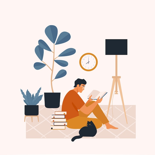 Vector young man sitting on a floor and reading a book time at home relaxation rest hobby