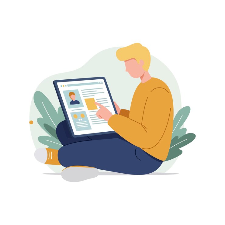 Vector a young man sitting on the floor with a tablet engaged in digital work while surrounded by green plants in a flat vector illustration
