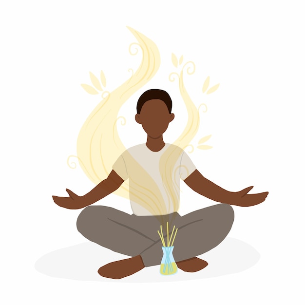 Vector young man sitting in lotus pose with aroma diffuser.