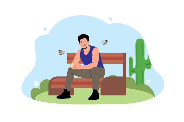 young man sitting in park chair vector illustration design