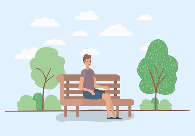 Vector young man sitting on park chair