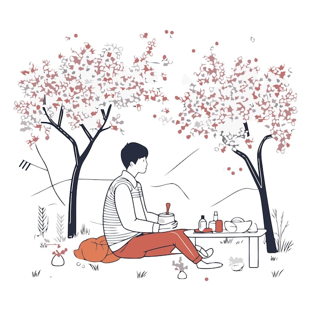 Vector young man sitting in the park and drinking coffee