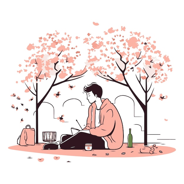 Vector young man sitting in the park and using laptop