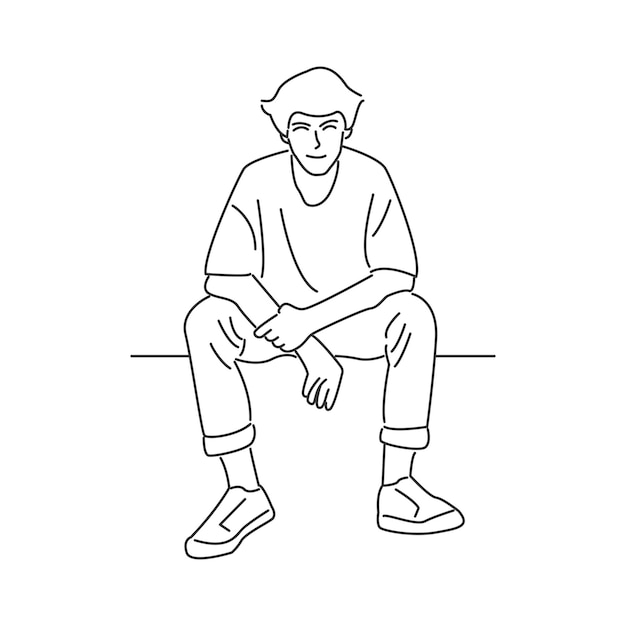 Young man sitting and smiling in minimal cartoon style