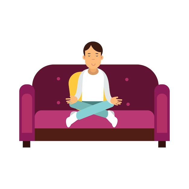 Vector young man sitting on a sofa and meditating in lotus pose vector illustration isolated on a white background