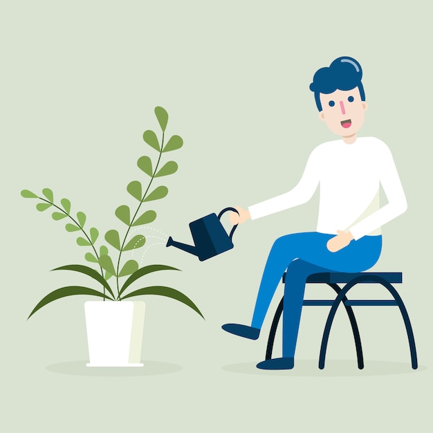 Young man sitting and watering can plant in pot. Flat character cartoon on green background.