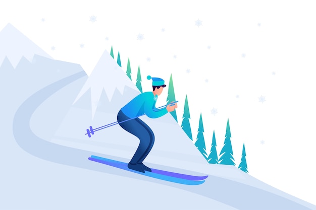 Vector young man skiing in christmas vacation, winter fun.