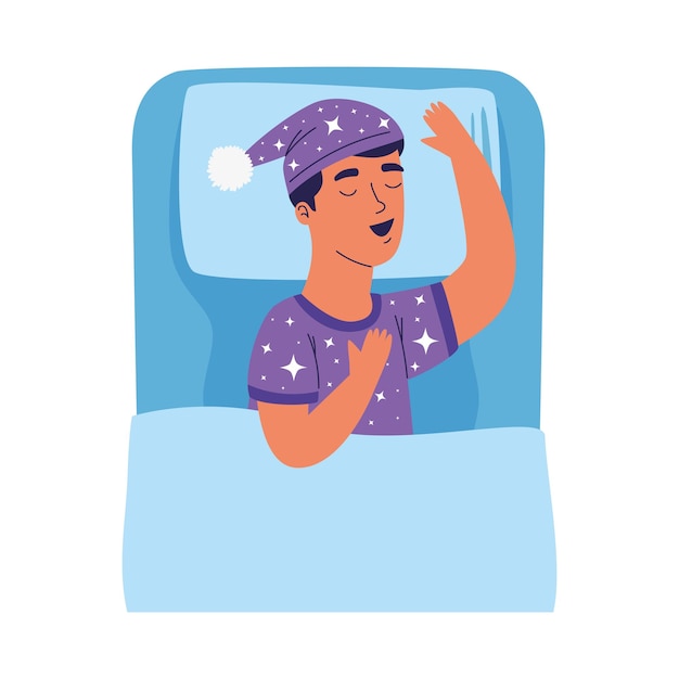 Vector young man sleeping in bed character