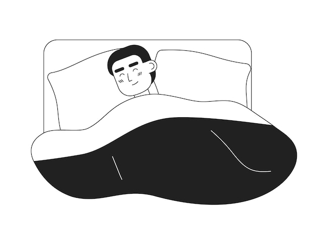 Young man sleeping in bed with comfort monochromatic flat vector character