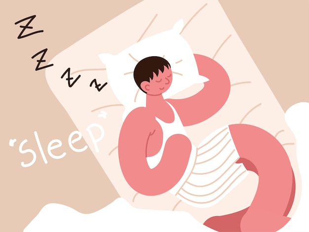 Vector young man sleeping on bed