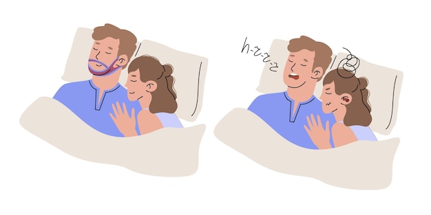 Young man sleeping with a bandage on his face from snoring Deep healthy sleep Woman sleeps poorly because of her partners snoring Vector illustration isolated on transparent background