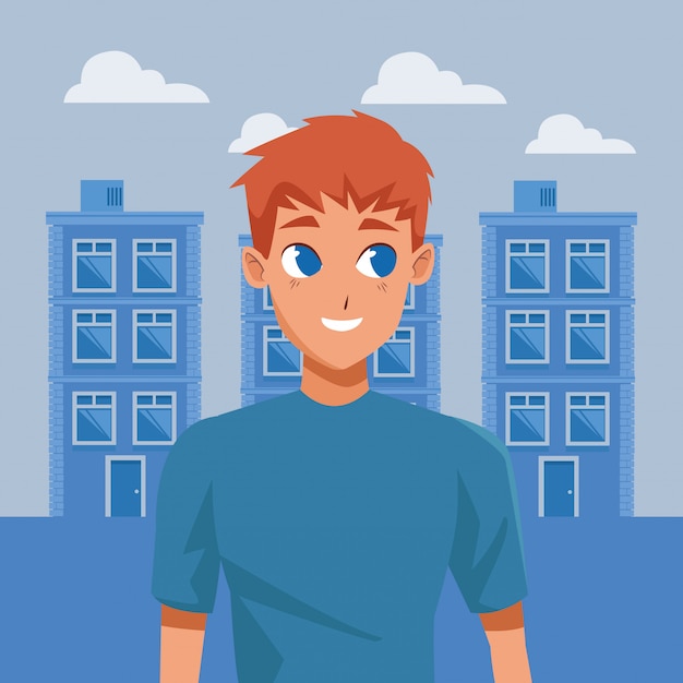Vector young man smiling cartoon in city