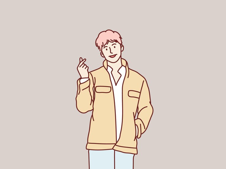 Vector 미니 심장 모양의 사랑 손 제스처 간단한 한국 스타일 일러스트를 보여주는 행복 미소 젊은 남자