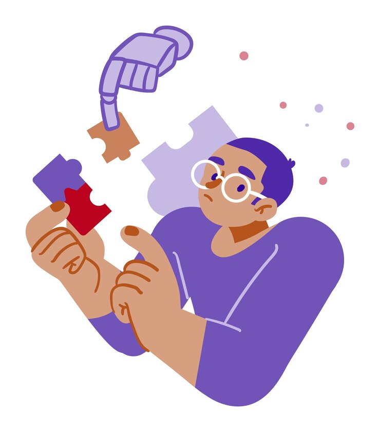 Vector young man solving puzzle under light bulb idea concept