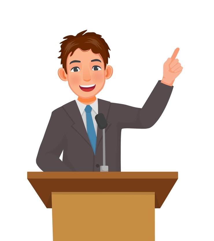 Vector young man speaker giving speech standing at podium in a conference meeting hall