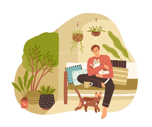 Vector young man spending leisure time with cats at home, drinking tea, relaxing and enjoying slow life. calm lazy people resting indoor in solitude. flat vector illustration isolated on white background.