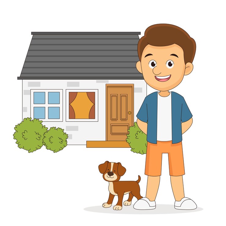 वेक्टर young man standing in front of a house