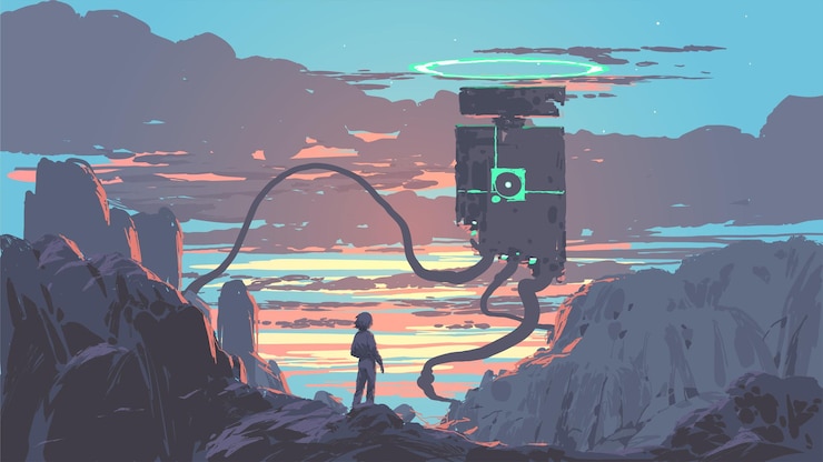Vector young man standing and looking at a giant sentinel robot, vector illustration