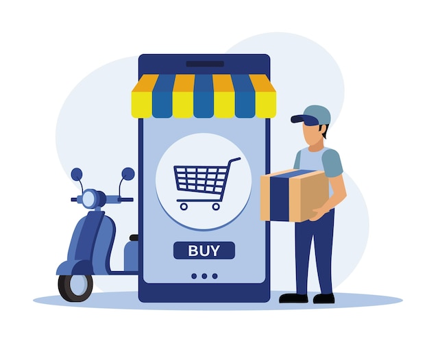 Young man standing near mobile screen holding parcel express delivery package Character use delivery order service Postman courier with order Vector illustration in blue and yellow colors