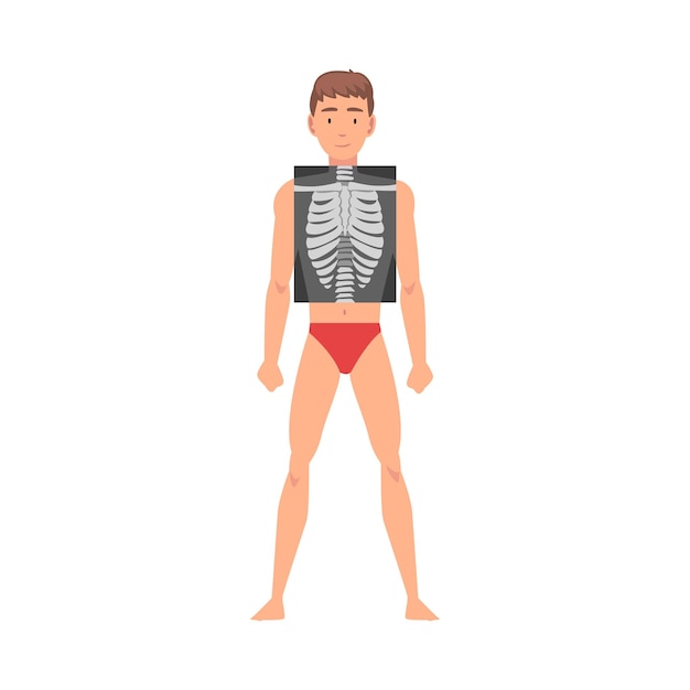 Young Man Standing in Undershorts Doing His Chest Roentgen Vector Illustration