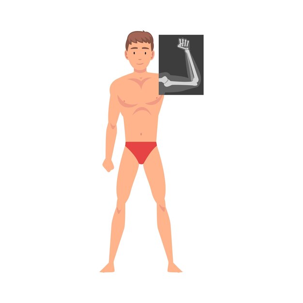 Vector young man standing in undershorts doing his forearm roentgen vector illustration