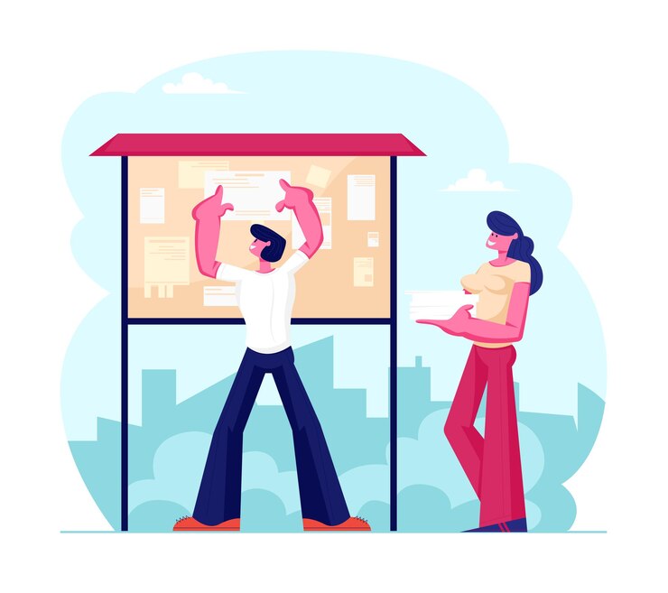 Vector young man sticking paper flyer with announcement or advertising on special bulletin board, cartoon flat  illustration