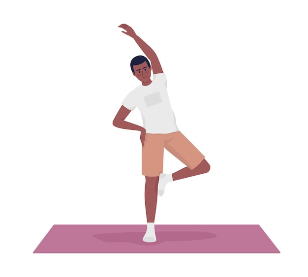 Vector young man stretching arm and standing on yoga mat semi flat color vector character