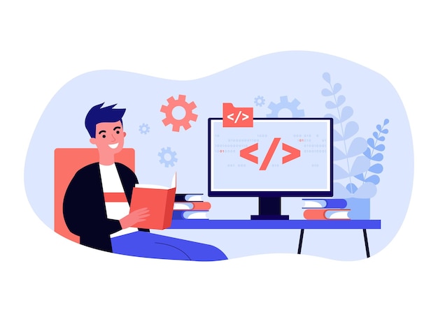 Young man studying programming languages. flat vector illustration. guy sitting in front of computer with binary code on screen, reading books. programming, education, learning concept for design