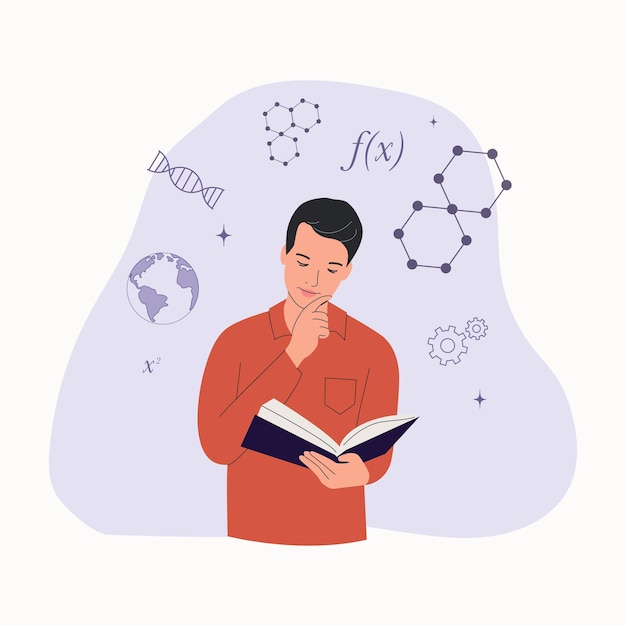 若い男がベクトルイラストの本で勉強している